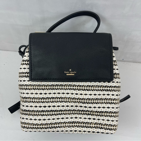 Kate Spade New York Black Leather & Woven Straw Backpack Purse - Picture 1 of 13